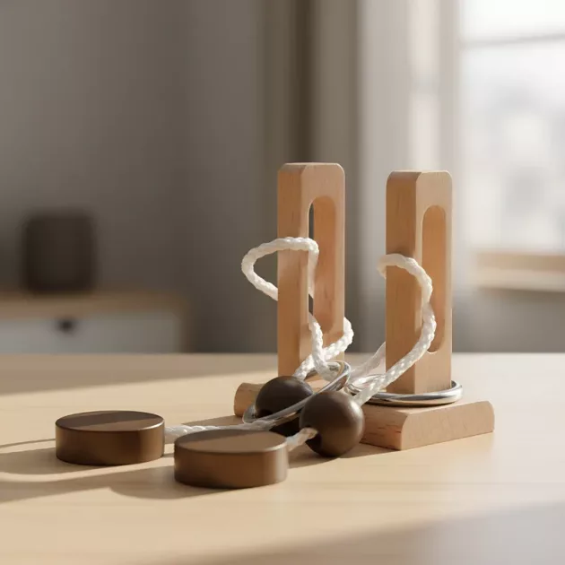 wooden brain teaser puzzle, wooden brain teaser, rope brain teaser