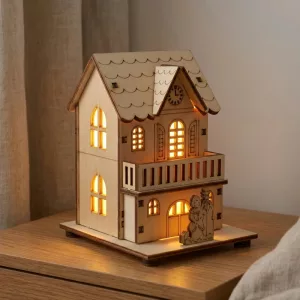 Dřevěná LED dekorace domečku do domácnosti